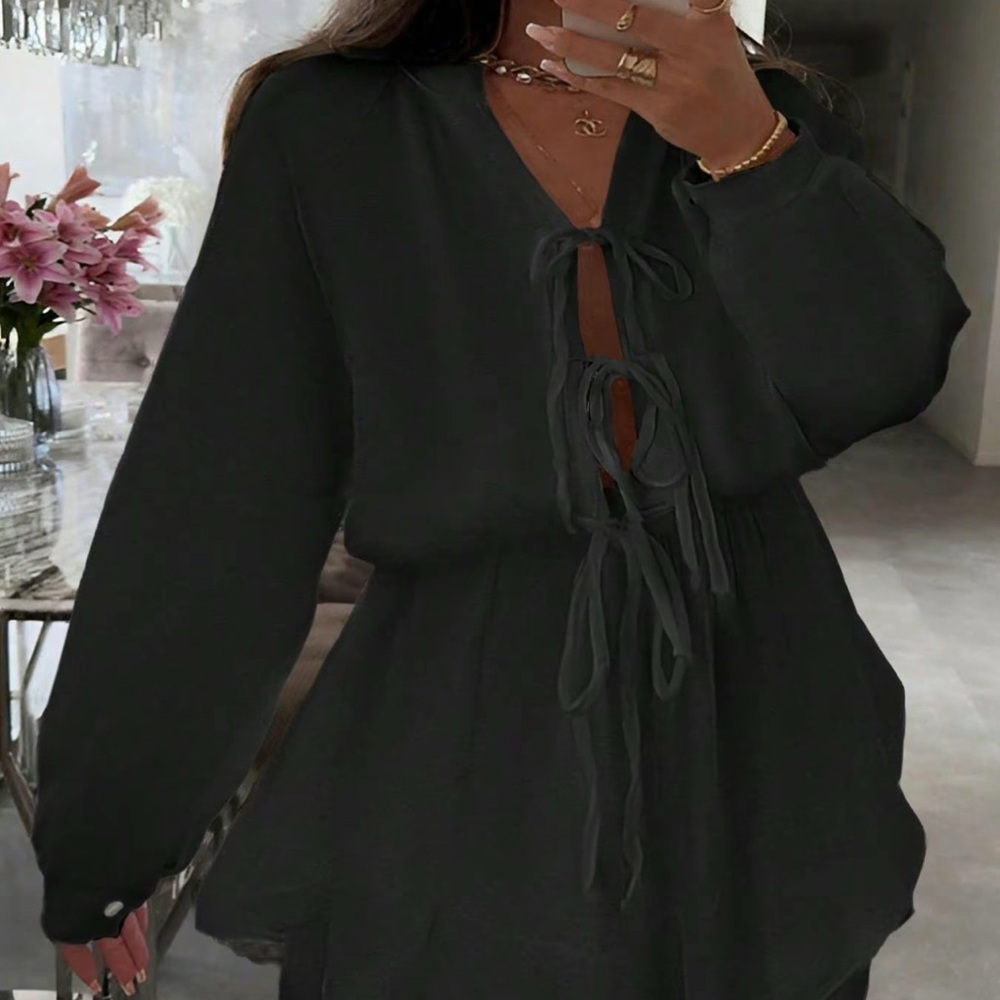 Black Mini Dress with Tie Front and Plunge Sleeves